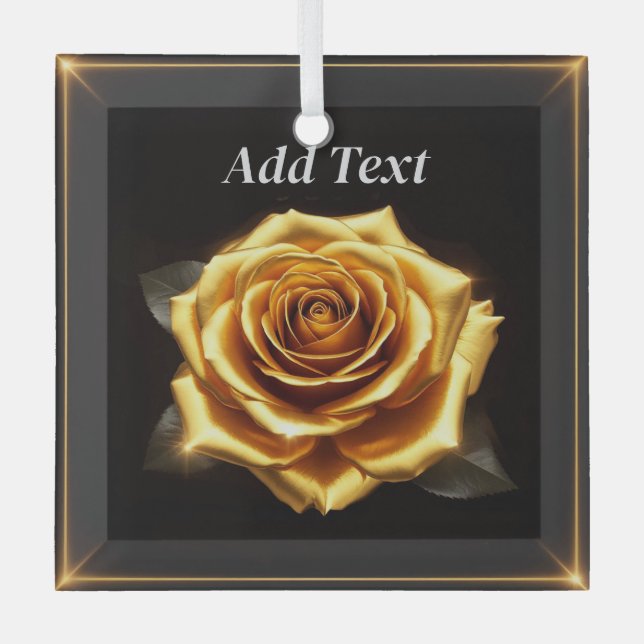 Golden Rose with Glowing Borders Glass Tree Decoration (Front)