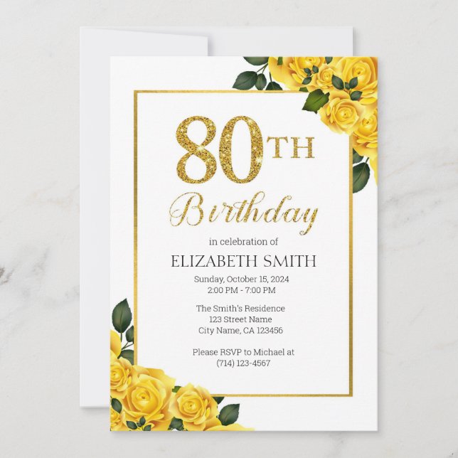 Golden Roses 80th Birthday Invitation Template (Front)