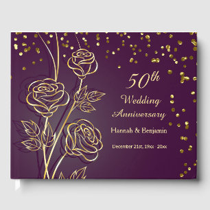 Golden roses, confetti 50th Wedding Anniversary Guest Book