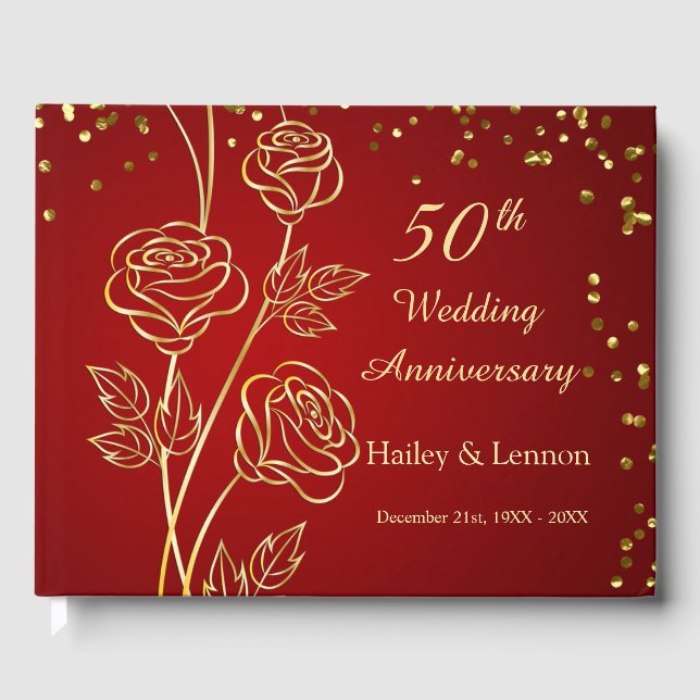 Golden Roses Confetti 50th Wedding Anniversary Guest Book (Front)