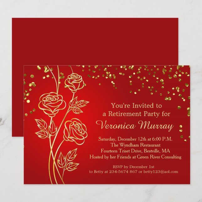 Golden roses, confetti on red Retirement Party Invitation (Front/Back)