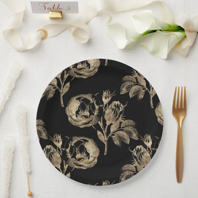 Golden Roses | Elegant Gold Floral on Black Paper Plate (Wedding)