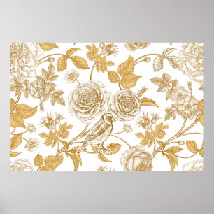Golden roses, flowers, leaves and berries of dog poster