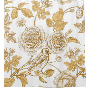 Golden roses, flowers, leaves and berries of dog shower curtain