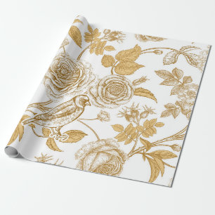 Golden roses,  flowers,  leaves and berries of dog wrapping paper