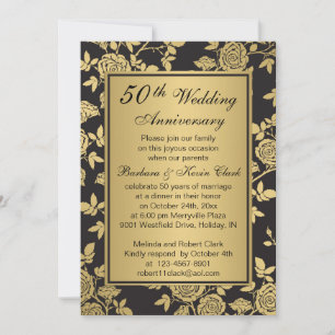 Golden roses on black 50th Anniversary Invitation