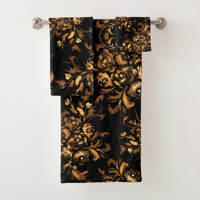 Golden Roses on Black Floral Pattern Bath Towel Set (Insitu)