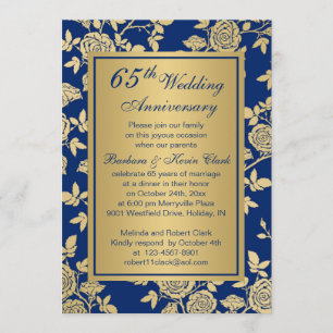 Golden roses on blue 65th Anniversary Invitation