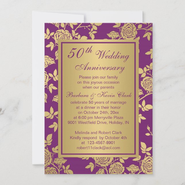 Golden roses on purple 50th Anniversary Invitation (Front)