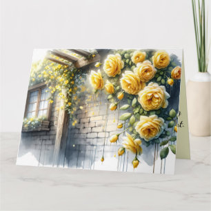 Golden Roses on Rustic Stone Cottage Wall Card