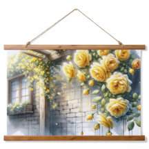 Golden Roses on Rustic Stone Cottage Wall