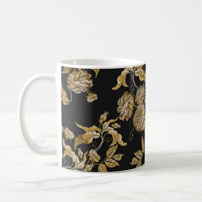 Golden Roses: Vintage Embroidery Pattern Coffee Mug (Left)
