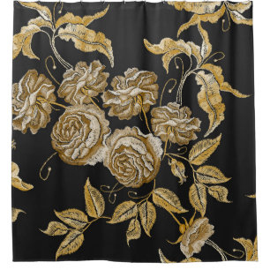Golden Roses: Vintage Embroidery Pattern Shower Curtain
