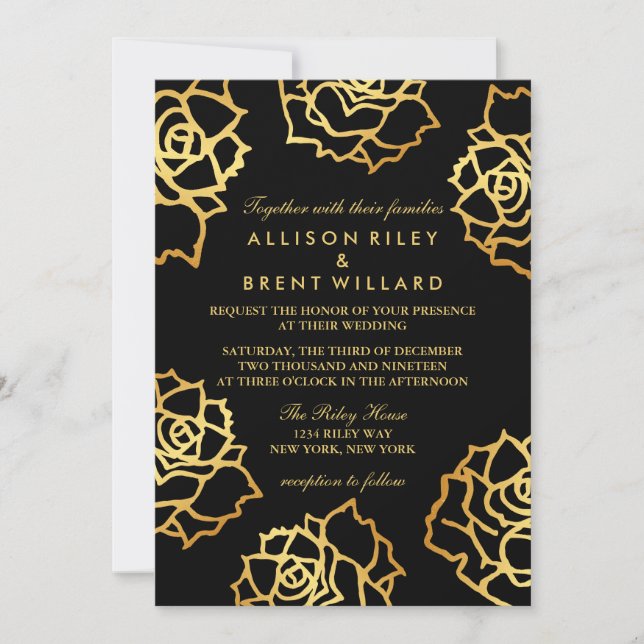 Golden Roses Wedding Invitation - Black (Front)