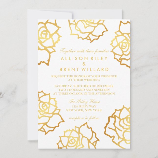 Golden Roses Wedding Invitation - White (Front)