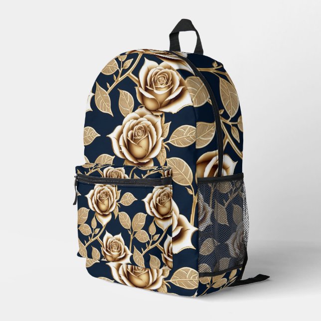 Golden Roses With A Metallic Finish Printed Backpack (Back Corner Right)