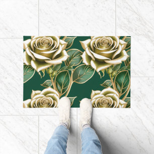 Golden Roses With Emerald Green Leaves Doormat