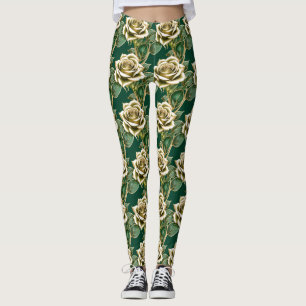 Golden Roses With Emerald Green Leaves Leggings