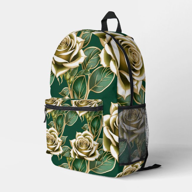 Golden Roses With Emerald Green Leaves  Printed Backpack (Back Corner Right)
