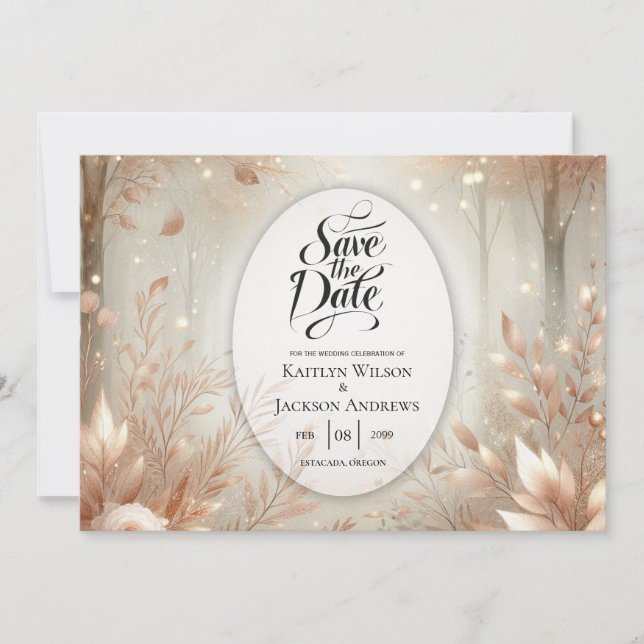 Golden Rosewood Enchanted Forest Wedding Save The Date (Front)