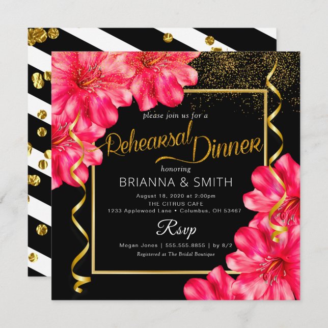 Golden Rosy Floral Calligraphy Rehearsal Dinner Invitation (Front/Back)