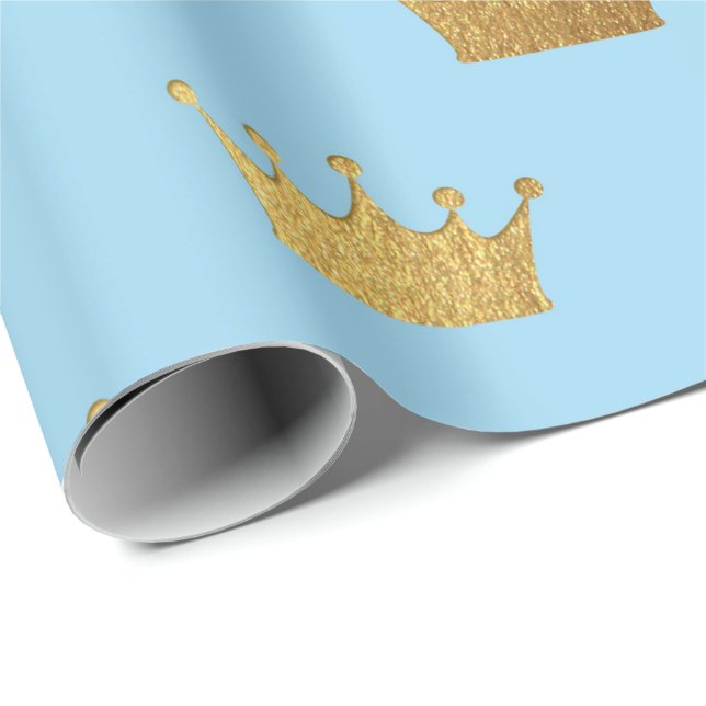 Golden Royal Blue King Crown Heraldic Princess Wrapping Paper (Roll Corner)