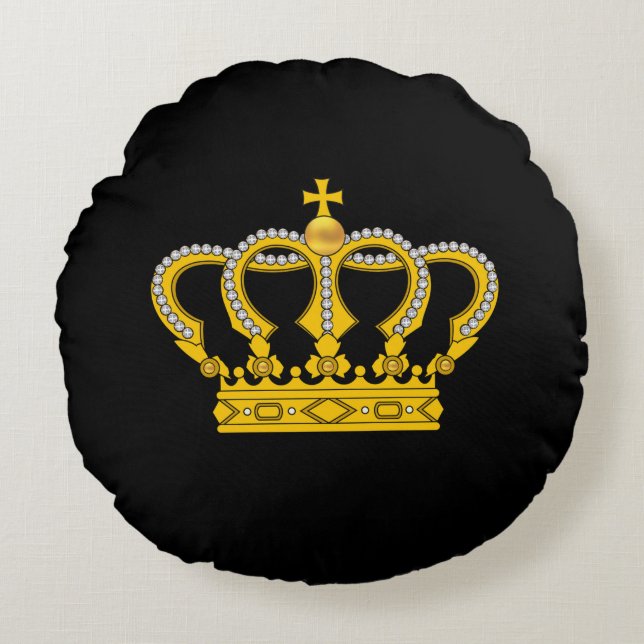 Golden Royal Crown on Black Round Pillow (Front)
