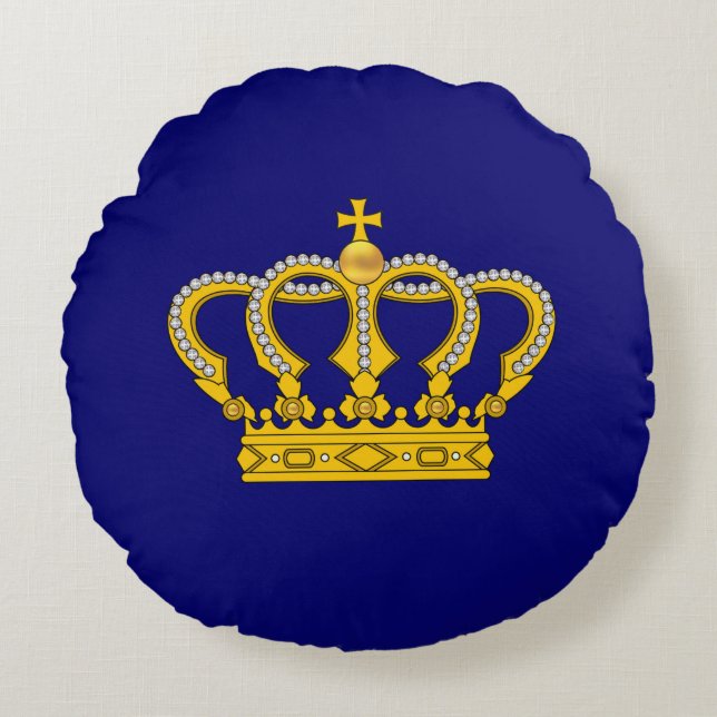 Golden Royal Crown on Royal Blue Round Pillow (Front)