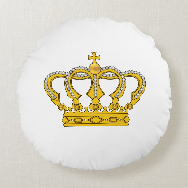 Golden Royal Crown on White Round Pillow (Front)