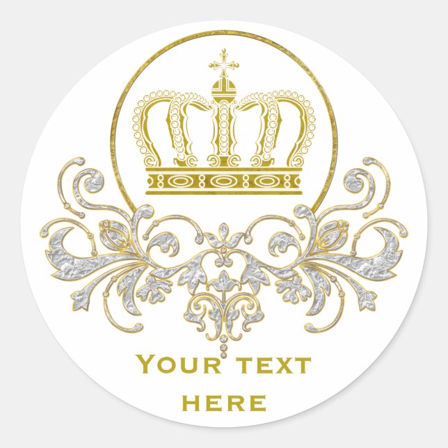 Golden Royal Crown + your backgr. & ideas Classic Round Sticker (Front)