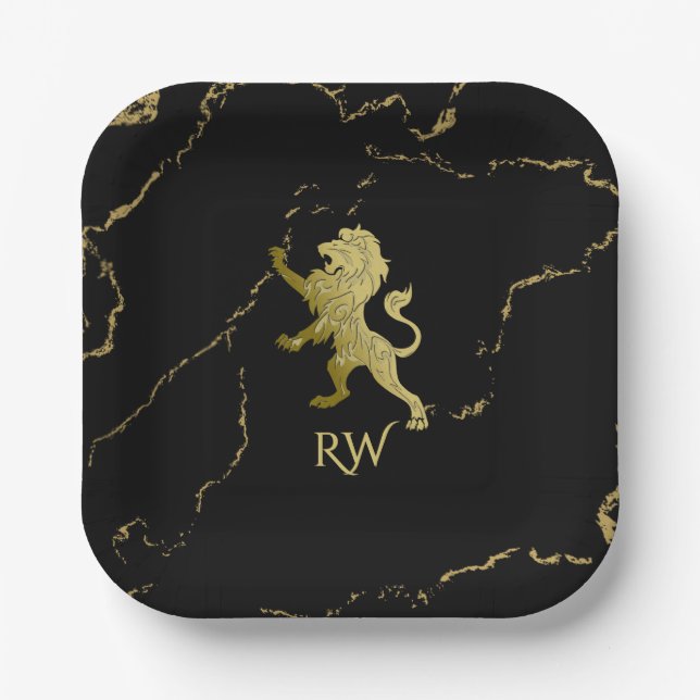 Golden Royal Lion Monogram Paper Plate (Front)