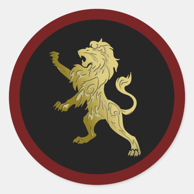 Golden Royal Lion on Black Burgundy Frame Classic Round Sticker (Front)