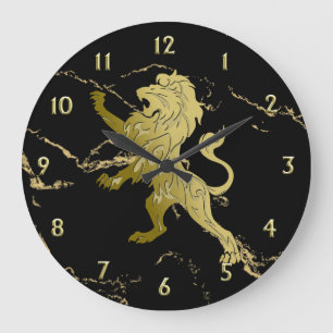 Golden Royal Lion On Black Marble w Gold Numbers Large Clock