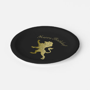Golden Royal Lion on Black  Paper Plate