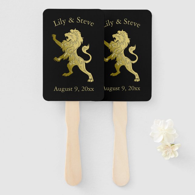 Golden Royal Lion on Black Personal Name Hand Fan (Front and Back)