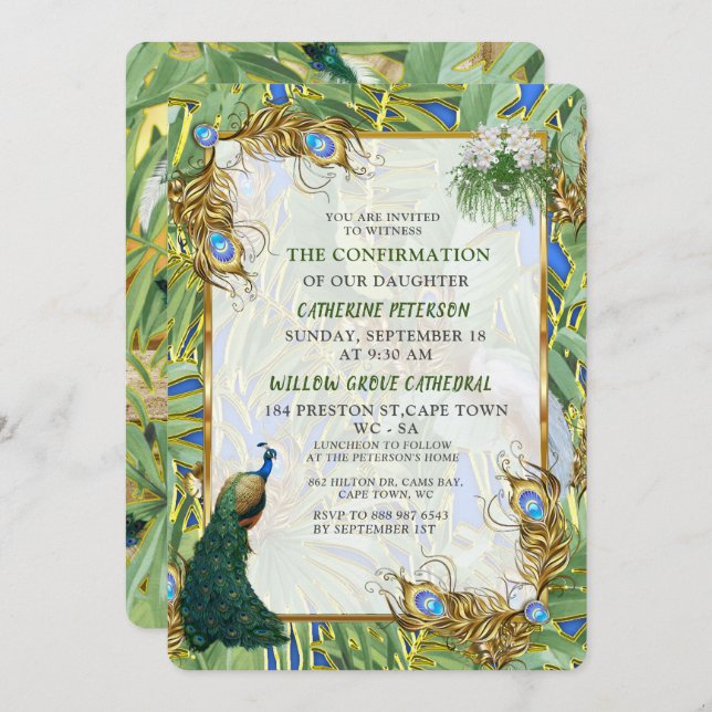 Golden Royal Peacock Feathers Invitation (Front/Back)