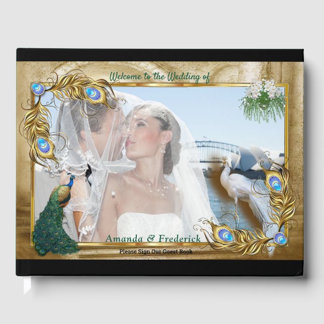 Golden Royal Peacock Temple Dreams Guest Book (Front)