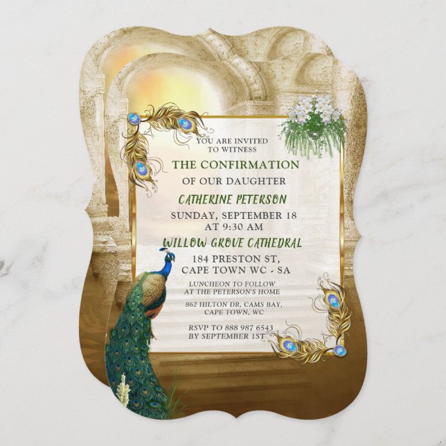 Golden Royal Peacock Temple Dreams Invitation (Front/Back)