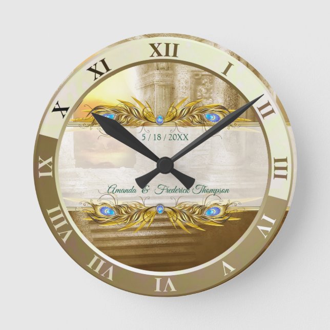 Golden Royal Peacock Temple Dreams Round Clock (Front)