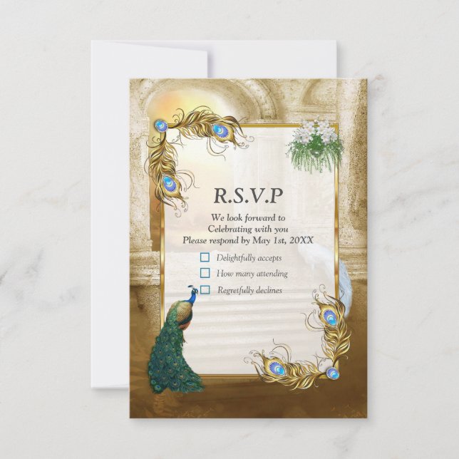 Golden Royal Peacock Temple Dreams RSVP Card (Front)