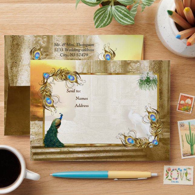Golden Royal Peacock Temple Wedding Dreams Envelope (Desk)