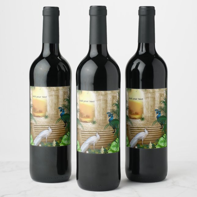 Golden Royal Peacock Temple Wedding Dreams Wine Label (Bottles)