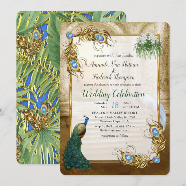 Golden Royal Peacocks - Feathers Invitation (Front/Back)