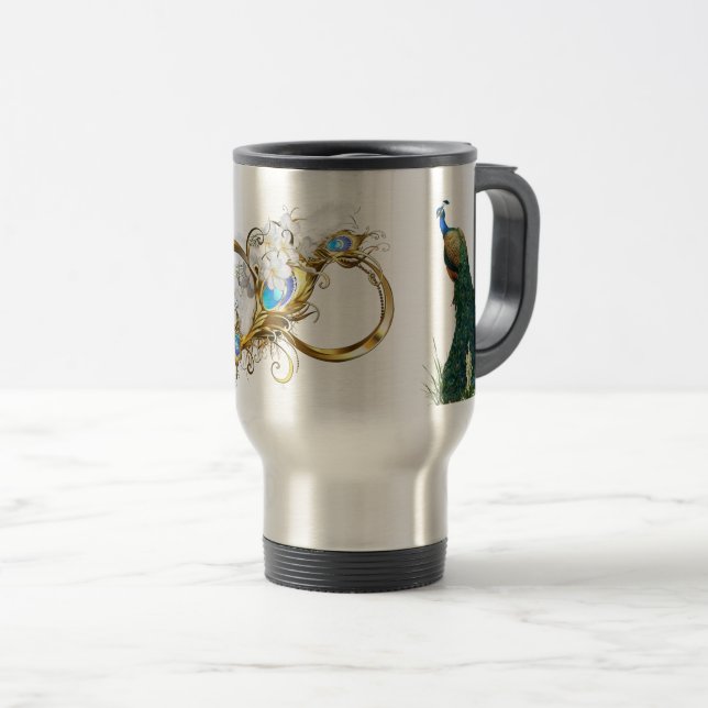 Golden Royal Peacocks & Feathers Wedding Rings Travel Mug (Front Right)