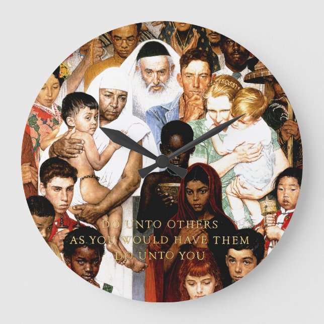Golden Rule (Do unto others) by Norman Rockwell Large Clock (Front)