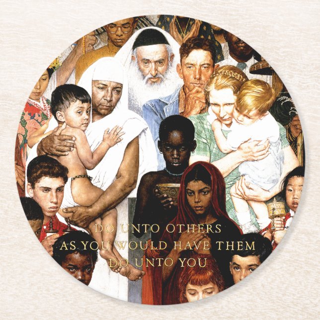 Golden Rule (Do unto others) by Norman Rockwell Round Paper Coaster (Front)