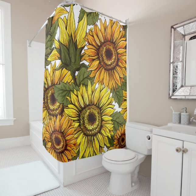 Golden Rustic Country Sunflower Garden Shower Curtain (In Situ)