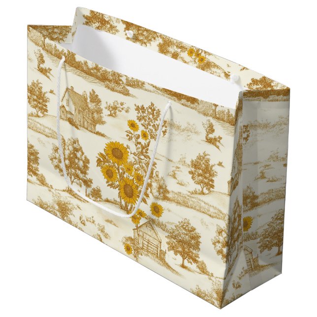 Golden Rustic Sunflower Countryside Toile Pattern Large Gift Bag (Front Angled)