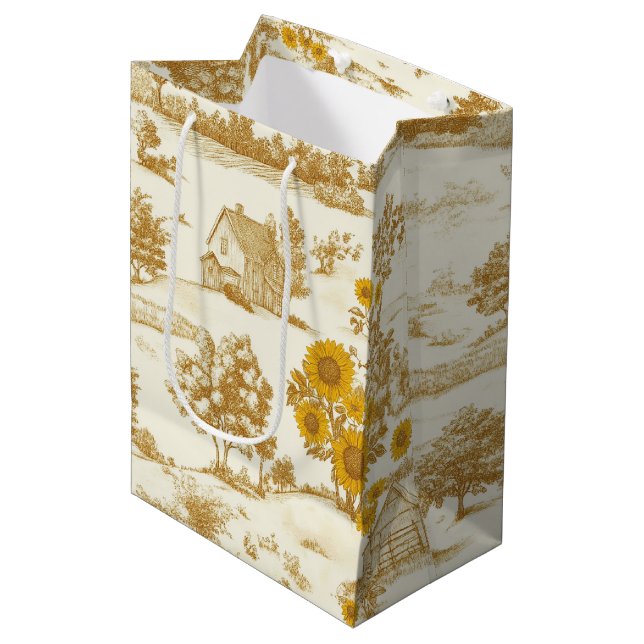 Golden Rustic Sunflower Countryside Toile Pattern Medium Gift Bag (Front Angled)