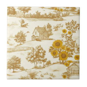Golden Rustic Sunflower Countryside Toile Pattern Tile